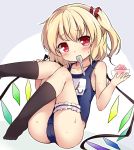  1girl ass baku-p black_legwear blonde_hair blush bowl commentary_request crystal flandre_scarlet food highres holding ice_cream kneehighs knees_to_chest knees_up leaning_back legs_up mouth_hold one-piece_swimsuit red_eyes school_swimsuit scrunchie short_hair side_ponytail sitting solo spoon swimsuit thigh_strap touhou wings 