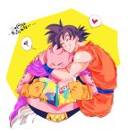  2boys annoyed black_hair blush blush_stickers cape closed_eyes dougi dragon_ball dragonball_z gloves happy heart hug magazine majin_buu male_focus multiple_boys onkywi purple_cape short_hair simple_background son_gokuu speech_bubble spiky_hair translation_request two-tone_background upper_body white_background wristband yellow_background yellow_gloves 