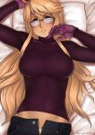  1girl alma_(va-11_hall-a) arm_up artist_name blonde_hair blush breasts brown_eyes covered_navel finalcake glasses head_tilt large_breasts long_hair long_sleeves looking_at_viewer lying on_back over-rim_eyewear parted_lips red-framed_eyewear ribbed_sweater semi-rimless_eyewear solo sweater twitter_username unbuttoned_pants va-11_hall-a very_long_hair white_pillow 