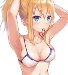  1girl armpits artoria_pendragon_(all) blonde_hair blue_eyes blush breasts cleavage erect_nipples eyebrows_visible_through_hair fate/grand_order fate_(series) looking_at_viewer medium_breasts medium_hair mysterious_heroine_xx_(foreigner) prpr_friends simple_background solo swimsuit tying_hair 
