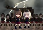  6+girls akaboshi_koume ankle_boots arm_behind_back arms_behind_head black_footwear black_hat black_jacket black_legwear blue_eyes boots brown_eyes brown_hair chibi clenched_hand closed_mouth clouds cloudy_sky commentary crossed_arms dress_shirt emblem extra eyebrows_visible_through_hair frown garrison_cap geshiko_(girls_und_panzer) girls_und_panzer glasses ground_vehicle hat itsumi_erika jacket kuromorimine_military_uniform lightning long_sleeves mauko_(girls_und_panzer) military military_hat military_uniform military_vehicle miniskirt motor_vehicle multiple_girls nishizumi_maho outdoors parade_rest pleated_skirt red_shirt red_skirt ritaiko_(girls_und_panzer) round_eyewear sangou_(girls_und_panzer) shirt short_hair silver_hair skirt sky socks standing_at_attention tank tiger_i toganoo uniform very_short_hair 