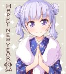  1girl 2016 alternate_hairstyle blush dot_nose double_bun grey_background hands_together happy_new_year japanese_clothes kimono looking_at_viewer monkey new_game! new_year official_art purple_hair smile solo sparkle suzukaze_aoba tokunou_shoutarou twintails violet_eyes 