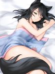  1girl animal_ears bed_sheet black_hair commentary english_commentary eyebrows_visible_through_hair facial_mark forehead_mark gigamessy green_eyes half-closed_eye light_smile long_hair looking_at_viewer lying nude on_side one_eye_closed original solo tail under_covers 