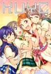  4girls :d ^_^ blue_eyes blue_hair blue_skirt blush brown_hair chado closed_eyes closed_eyes cover cover_page doujin_cover eyebrows_visible_through_hair flower green_skirt hair_flower hair_ornament hand_on_another&#039;s_shoulder highres hug long_hair looking_at_another love_live! love_live!_school_idol_project love_live!_sunshine!! minami_kotori multiple_girls open_mouth orange_hair pink_ribbon plaid plaid_skirt puffy_short_sleeves puffy_sleeves red_eyes red_skirt ribbon short_hair short_sleeves side_ponytail skirt smile sonoda_umi takami_chika watanabe_you yellow_eyes 