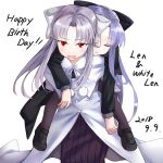  2girls albino apo_(apos2721) bangs black_bow blue_hair blush bow capelet carrying character_name coattails dated eyebrows_visible_through_hair fang flat_chest grey_bow hair_bow happy_birthday len loafers long_hair long_skirt melty_blood multiple_girls pantyhose piggyback pointy_ears red_eyes shoes silver_hair skirt sleeping sleeping_on_person tsukihime white_len 