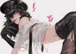  1boy amamiya_ren biting black_gloves black_hair blush crossdressinging garter_straps glove_biting gloves hat heart heart-shaped_pupils leaning_forward long_hair looking_at_viewer male_focus off_shoulder open_clothes open_shirt partially_undressed persona persona_5 persona_5:_dancing_star_night persona_dancing police police_hat police_uniform sawa2 skirt smile solo stomach sweat symbol-shaped_pupils thigh-highs trap uniform wig 