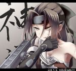  1girl artist_name black_gloves breasts brown_eyes brown_hair commentary_request dated elbow_gloves forehead_protector gloves hachimaki hair_intakes headband highres jintsuu_(kantai_collection) kantai_collection long_hair nuka_(nvkka) remodel_(kantai_collection) sarashi shirt solo torn_clothes torn_shirt twitter_username 