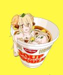  1girl bangs blush brown_eyes commentary_request cup eguchi_saan food full_body hair_between_eyes horns in_container in_cup minigirl noodles nude open_mouth original ramen shrimp simple_background solo yellow_background 