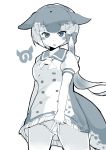 1girl :d absurdres ascot blush bow dress eyebrows_visible_through_hair frilled_dress frills greyscale hair_bow highres japari_symbol kanzakietc kemono_friends looking_at_viewer monochrome multicolored_hair narwhal_(kemono_friends) narwhal_tail open_mouth panties puffy_short_sleeves puffy_sleeves sailor_dress short_dress short_hair_with_long_locks short_sleeves simple_background smile solo tail underwear v white_background