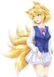  1girl :d absurdres akiteru98 alternate_costume animal_ear_fluff animal_ears bangs blonde_hair blush bow bowtie breasts commentary contemporary cowboy_shot eyebrows_visible_through_hair fox_ears fox_tail hair_between_eyes highres long_sleeves looking_to_the_side medium_breasts miniskirt multiple_tails no_hat no_headwear open_mouth purple_bow purple_neckwear shiny shiny_skin shirt simple_background skirt smile solo standing tail thighs touhou white_background white_shirt white_skirt wing_collar yakumo_ran yellow_eyes 