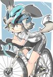  1girl ;) african_wild_dog_(kemono_friends) alternate_costume animal_ears ategon bare_arms bare_legs bicycle bicycle_helmet bike_shorts biker_clothes black_hair closed_mouth contemporary dog_ears dog_tail ears_through_headwear gloves green_eyes grey_hair ground_vehicle helmet highres japari_symbol kemono_friends leaning_forward leaning_on_object looking_at_viewer lucky_beast_(kemono_friends) multicolored_hair one_eye_closed shirt short_sleeves smile solo sportswear standing sticker tail two-tone_hair 
