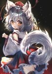  1girl absurdres animal_ears back bangs bare_shoulders black_skirt detached_sleeves dfra highres inubashiri_momiji looking_at_viewer looking_back open_mouth red_eyes shirt skirt solo tail thigh-highs touhou white_hair white_shirt white_sleeves wolf_ears wolf_girl wolf_tail 