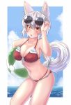  1girl absurdres animal_ear_fluff animal_ears bikini blush breasts collarbone day frilled_bikini frills highres inubashiri_momiji kouno_ibuki large_breasts looking_at_viewer navel ocean open_mouth red_bikini red_eyes short_hair silver_hair solo sunglasses swimsuit tail touhou water wolf_ears wolf_tail 