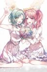  2girls :d ;d aqua_hair bang_dream! blue_flower blush bouquet bow choker dress flower green_eyes hair_bow hairband hikawa_hina holding holding_bouquet long_sleeves maruyama_aya multiple_girls nennen one_eye_closed open_mouth pink_eyes pink_flower pink_hair rose see-through_sleeves side_braids sitting smile sunflower twintails waving white_bow white_dress white_flower yellow_flower 