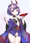  1girl alcohol bangs bare_shoulders commentary_request cup eyebrows_visible_through_hair fang fate/grand_order fate_(series) fingernails hands_up highres holding horns index_finger_raised japanese_clothes kimono long_sleeves looking_at_viewer obi off_shoulder oni oni_horns parted_lips pilokey purple_hair purple_kimono sakazuki sake sash short_eyebrows short_kimono shuten_douji_(fate/grand_order) solo thick_eyebrows violet_eyes wide_sleeves 