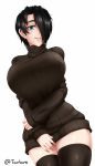  1girl aqua_eyes artist_name black_hair black_legwear black_sweater breasts commentary english_commentary hair_over_one_eye large_breasts looking_at_viewer original parted_lips ribbed_sweater saya_(twrlare) short_hair simple_background smile solo sweater thigh-highs turtleneck turtleneck_sweater twitter_username twrlare white_background zettai_ryouiki 