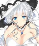  1girl azur_lane bangs bare_shoulders black_ribbon blue_eyes blush breasts cleavage commentary_request dress eyebrows_visible_through_hair hadanugi_dousa hair_ribbon haru_(nature_life) hat illustrious_(azur_lane) large_breasts long_hair looking_at_viewer mole mole_under_eye parted_lips ribbon silver_hair simple_background sketch solo strapless strapless_dress white_background white_dress white_hat 