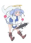  1girl aqua_eyes blue_hair bokusatsu_tenshi_dokuro-chan boots commentary excalibolg hair_ribbon halo highres holding holding_weapon mitsukai_dokuro ribbon solo tim_loechner twintails weapon white_background 