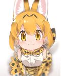  1girl :3 animal_ears bare_shoulders belt blonde_hair blush bow bowtie center_frills commentary_request elbow_gloves eyebrows_visible_through_hair from_above gloves high-waist_skirt kemono_friends multiple_girls serval_(kemono_friends) serval_ears serval_print serval_tail short_hair skirt sleeveless solo tail tatsuno_newo yellow_eyes 