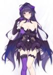  1girl alternate_costume bangs bare_shoulders benghuai_xueyuan black_gloves blush breast_hold breasts cleavage clenched_teeth commentary_request demon_girl demon_horns demon_wings elbow_gloves gloves highres honkai_impact horns hymxiaocyan long_hair looking_at_viewer medium_breasts purple_hair purple_legwear raiden_mei single_thighhigh solo succubus teeth thigh-highs violet_eyes white_background wings 