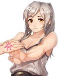  1girl bare_shoulders female_my_unit_(fire_emblem:_kakusei) fire_emblem fire_emblem:_kakusei highres kamu_(kamuuei) long_hair looking_at_viewer mamkute my_unit_(fire_emblem:_kakusei) nintendo simple_background smile solo tattoo twintails white_hair yellow_eyes 