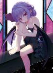  1girl alternate_costume bangs bare_shoulders barefoot bat_wings beni_kurage black_dress blue_hair blush commentary_request dress eyebrows_visible_through_hair feet_out_of_frame hair_ribbon head_tilt highres indoors knee_up looking_at_viewer no_hat no_headwear pointy_ears red_eyes red_ribbon remilia_scarlet ribbon short_dress short_hair sidelocks sitting soaking_feet solo spaghetti_strap strap_slip touhou water wings 