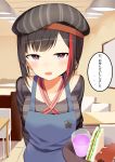  1girl absurdres apron bang_dream! bangs beret black_hair blue_apron blush breasts brown_eyes chair chocolate_cornet collarbone cup drink drinking_glass eyebrows_visible_through_hair food grey_hat hat highres holding holding_tray indoors kura_ekaki long_sleeves looking_at_viewer mitake_ran multicolored_hair open_mouth redhead sandwich shirt small_breasts solo standing streaked_hair striped striped_shirt table translated tray waitress 