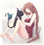  1girl bare_legs bare_shoulders barefoot bed_sheet bell bell_collar blue_eyes bow braid breasts cat celine_(sen_no_kiseki) character_name cleavage collar eiyuu_densetsu emma_millstein grey_background irise_ryouji long_hair medium_breasts nightgown no_eyewear pillow purple_hair sen_no_kiseki simple_background sitting smile spaghetti_strap tail tail_bow 