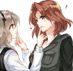  ! 2girls azumi_(girls_und_panzer) black_jacket black_ribbon black_skin blue_eyes brown_eyes brown_hair casual closed_mouth commentary dress_shirt eyebrows_visible_through_hair finger_to_mouth girls_und_panzer hair_intakes hair_ribbon heart jacket light_brown_hair light_frown light_smile long_sleeves military military_uniform multiple_girls ribbon selection_university_military_uniform shimada_arisu shirt simple_background skirt spoken_heart suspender_skirt suspenders sweatdrop uniform white_background white_shirt yuri yuuyu_(777) 