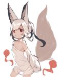  1girl animal_ear_fluff animal_ears closed_mouth detached_sleeves dress fox_ears fox_girl fox_tail long_hair long_sleeves looking_at_viewer original red_eyes silver_hair sketch sleeves_past_fingers sleeves_past_wrists solo strapless strapless_dress tail tail_raised white_dress yuuji_(yukimimi) 