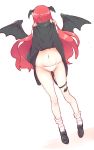  1girl ass_visible_through_thighs bare_legs black_dress black_footwear blush commentary_request covering_face demon_tail demon_wings dress dress_lift embarrassed full_body head_wings highres koakuma long_hair navel non_(z-art) panties redhead shoes socks tail touhou underwear very_long_hair white_background white_panties wings 