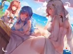  3girls absurdres ass back bangs bare_shoulders beach bear_hair_ornament bikini blue_bikini blue_hair blue_sky blush bow braid breasts closed_mouth covered_nipples day eyebrows_visible_through_hair feet_up food girls_frontline hair_between_eyes hair_bow hair_ornament hair_over_one_eye hair_ribbon hairclip halter_top halterneck hexagram highres huge_filesize large_breasts leaning_forward long_hair looking_at_viewer lying medium_breasts mouth_hold multiple_girls negev_(girls_frontline) ocean on_stomach one_side_up outdoors pink_hair pk_(girls_frontline) red_bow red_eyes ribbon sarong shade shoulder_blades silver_hair sitting sky smile star_of_david swimsuit tar-21_(girls_frontline) thighs untied untied_bikini very_long_hair viewfinder wet white_bikini yellow_eyes yueqin_(monnpiano) 