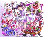  1girl :d blackberry_(fruit) blueberry bow cake dessert drink drinking_straw flower food fruit full_body glass holding holding_tray ice_cream kaekae looking_at_viewer neckerchief official_art open_mouth pansy parfait pink_footwear puffy_short_sleeves puffy_sleeves purple_bow purple_neckwear purple_skirt raspberry short_sleeves short_twintails shoumetsu_toshi_2 skirt smile socks solo sparkle spoon standing star strawberry striped tray twintails waitress watermark white_legwear 