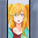  1girl bangs blonde_hair blue_eyes blush connie_christensen hair_between_eyes hanebado! hood hoodie long_hair looking_at_viewer marker_(medium) millipen_(medium) open_mouth potekite solo swept_bangs traditional_media twintails 