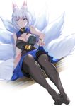  1girl absurdres adapted_costume animal_ears azur_lane bangs black_legwear blue_eyes blush breasts cleavage cleavage_cutout eyebrows_visible_through_hair feet_together fox_ears fox_tail full_body head_tilt highres japanese_clothes kaga_(azur_lane) large_breasts lifted_by_self looking_at_viewer masabodo mask multiple_tails no_shoes pantyhose parted_lips short_hair simple_background skirt skirt_lift smile solo tail thighband_pantyhose white_background white_hair 