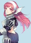 1girl backless_dress backless_outfit bangs blue_background blush breastplate cherche_(fire_emblem) closed_mouth dress eyebrows_visible_through_hair fire_emblem fire_emblem:_kakusei grey_wings hairband juliet_sleeves jurge long_hair long_sleeves looking_at_viewer looking_to_the_side metal_wings nintendo pink_hair puffy_sleeves purple_dress red_eyes serge_(fire_emblem) short_dress simple_background smile solo very_long_hair white_hairband wings