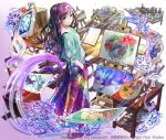  blue_eyes book_stack bookshelf bottle easel gears indoors kaekae long_hair looking_at_viewer notebook official_art paint paint_tube painting_(object) palette purple_footwear shoes shoumetsu_toshi_2 skirt smile standing table watermark 