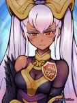  1girl armor bare_shoulders breasts cleavage closed_mouth dark_skin fire_emblem fire_emblem_heroes gradient_hair hair_ornament laevateinn_(fire_emblem_heroes) long_hair medium_breasts multicolored_hair nintendo phiphi-au-thon pink_hair red_eyes solo twintails twitter_username 
