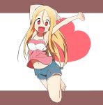  1girl absurdres barefoot blonde_hair bural_chingu highres jumping lee_ji-min long_hair looking_at_viewer luke_(dydansgur) midriff navel open_mouth original red_eyes shorts smile tank_top 