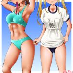 2girls :d artist_name bare_shoulders blonde_hair blue_background blue_bra blue_buruma blue_panties bra breasts brown_hair buruma collarbone commentary_request copyright_request dr_rex gym_shirt gym_uniform head_tilt long_hair medium_breasts multiple_girls name_tag navel open_mouth panties shirt short_sleeves signature small_breasts smile sports_bra standing tan twintails two-tone_background underwear underwear_only white_background 