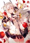  1girl apple avatar_base blush breasts cleavage dragon dragon_girl dragon_horns elsword eyebrows_visible_through_hair food fruit hand_on_own_neck headdress highres horns lium long_hair long_sleeves open_mouth original solo sparkle twintails very_long_hair white_hair wide_sleeves yellow_eyes 