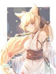  1girl animal_ears artist_name bare_shoulders blonde_hair braid breasts candy_apple character_name closed_mouth commentary detached_sleeves erune eyebrows_visible_through_hair food granblue_fantasy head_tilt highres holding holding_food japanese_clothes kimono long_hair long_sleeves looking_at_viewer medium_breasts obi pink_eyes sash smile solo very_long_hair yuisis_(granblue_fantasy) yukata zakuromu 