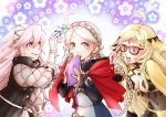  3girls ahoge blonde_hair blue_eyes book braid breasts bridal_gauntlets capelet center_opening circlet cleavage closed_mouth covered_navel ebi_puri_(ebi-ebi) eponine_(fire_emblem_if) fire_emblem fire_emblem_heroes fire_emblem_if flower_(symbol) glasses gloves hair_ornament hairband holding holding_book long_hair long_sleeves medium_breasts multiple_girls nintendo open_book open_mouth ophelia_(fire_emblem_if) pink_eyes pink_hair smile soleil_(fire_emblem_if) twin_braids twintails white_hair 