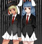  2girls alternate_costume animal_ears aoshima arm_up arms_behind_back beret black_background black_hat blazer blonde_hair blue_hair breasts commentary_request cosplay cowboy_shot grey_background hand_on_headwear hat highres jacket long_hair long_sleeves looking_at_viewer medium_breasts miniskirt multiple_girls necktie parted_lips pleated_skirt rabbit_ears red_eyes red_neckwear reisen_udongein_inaba reisen_udongein_inaba_(cosplay) ringo_(touhou) seiran_(touhou) shirt short_hair skirt standing striped striped_background tan thighs touhou vertical-striped_background vertical_stripes white_shirt white_skirt wing_collar 