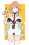  1girl arm_at_side ass_visible_through_thighs blazer blue_eyes bra breasts breasts_outside brown_hair energy_gun highres holding jacket large_breasts long_sleeves looking_at_viewer nananiku_ichiko narusawa_ryouka no_pants occultic;nine open_blazer open_clothes open_jacket panties parted_lips ray_gun shirt solo standing striped striped_neckwear thigh-highs underwear vertical-striped_bra vertical-striped_panties vertical_stripes weapon white_legwear white_shirt 