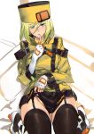  1girl ashiomi_masato blonde_hair elbow_gloves finger_to_mouth fingerless_gloves fur_hat garters gloves green_eyes guilty_gear guilty_gear_xrd hat kneeling long_hair millia_rage no_panties shushing skirt solo thigh-highs ushanka 