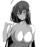  1girl :p ahoge azur_lane blush breasts cleavage collarbone dress greyscale hair_between_eyes hand_up hiiragi_yuuichi large_breasts long_hair looking_at_viewer monochrome sidelocks simple_background solo taihou_(azur_lane) tongue tongue_out tsurime 