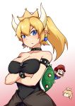  &gt;:/ 1boy 2girls armlet bare_shoulders black_dress blonde_hair blue_eyes blush bowser bracelet breasts can&#039;t_be_this_cute cleavage collar crossed_arms crown dream_demon dress earrings facial_hair fang genderswap genderswap_(mtf) gradient gradient_background hat horns jewelry long_hair looking_at_viewer mario super_mario_bros. multiple_girls mustache nintendo ore_no_imouto_ga_konna_ni_kawaii_wake_ga_nai parody pink_background pointy_ears ponytail princess_peach solo_focus spiked_collar spikes triangle_mouth upper_body white_background 