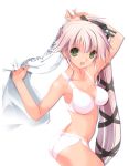  1girl :d arm_up bikini black_ribbon breasts collarbone english eyebrows_visible_through_hair from_side green_eyes hair_ribbon holding holding_towel kantai_collection long_hair looking_at_viewer medium_breasts nagato_tamakichi navel open_mouth pink_hair ribbon smile solo swimsuit towel very_long_hair white_background white_bikini yura_(kantai_collection) 