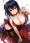  1girl :p ahoge all_fours arm_up azur_lane black_cat black_hair black_legwear blush breasts cat champagne_flute choker cleavage cup dress drinking_glass eyebrows_visible_through_hair gijang hair_between_eyes halterneck high_heels huge_breasts lace lace-trimmed_thighhighs long_hair one_side_up red_dress red_eyes shoes_removed side_slit simple_background solo taihou_(azur_lane) thigh-highs tongue tongue_out very_long_hair white_background 